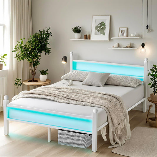 Full Size Bed Frame with Headboard and Footboard,Steel Slats Support-LED Bed Frame with USB Charging Station,Mattress Foundation-Under Bed Storage,No Box Spring Needed,Noise Free,White