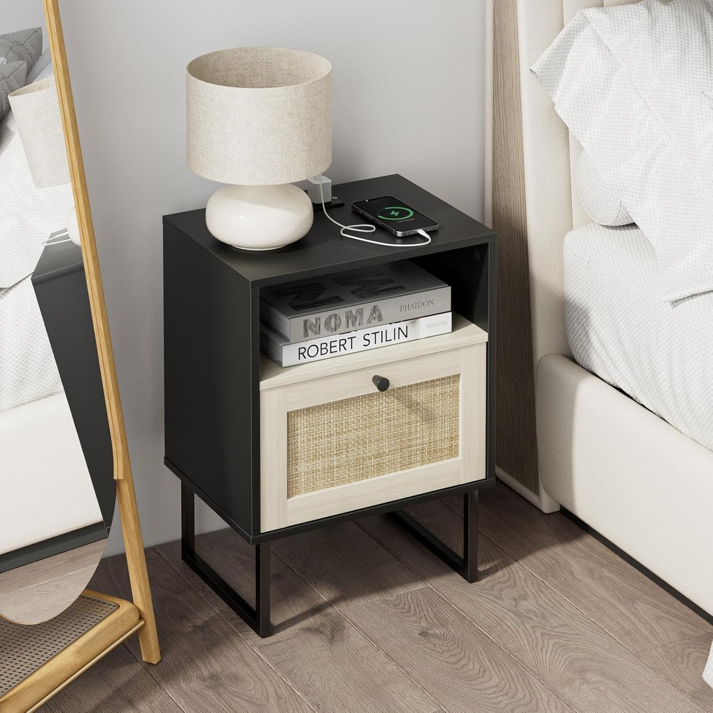 Masupu Rattan Nightstand,Modern Boho Farmhouse Wood Bedside Table with Storage Drawer and Open Shelf,Small Gold Frame Side End Table for Bedroom,Living Room,Office(White)