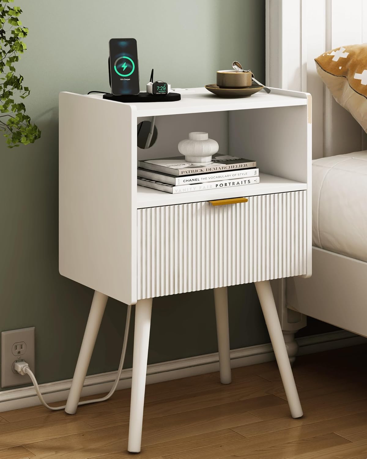 Nightstand,Modern Bedside Table with Storage Drawer and Open Wood Shelf, for Living Room, Bedroom and Small Spaces, Accent Night Stand with Solid Wood Legs, Easy Assembly,Walnut Brown