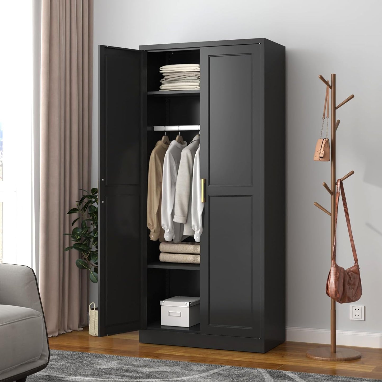 Metal Wardrobe Cabinet with Hanging Rod, 71" Tall Armoire Wardrobe Closet with 2 Doors and Adjustable Shelves, Black Clothing Storage Cabinets for Bedroom, Laundry Room, Cloak Room