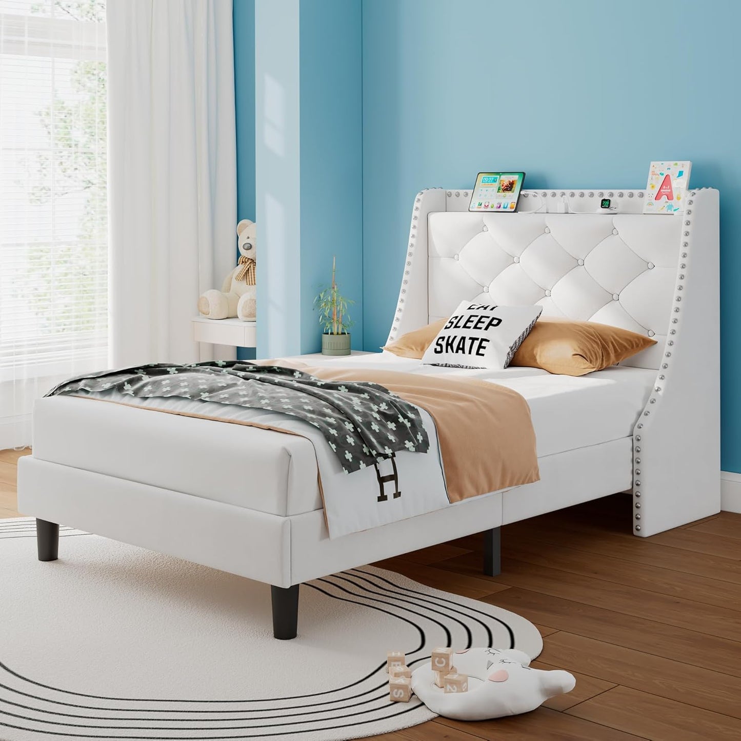 iPormis Full Bed Frame with 16" Comfort Wingback & Charging Station, Upholstered Platform Bed with Button Tufted Storage Headboard, Solid Wood Slats Support, No Box Spring Needed, Black