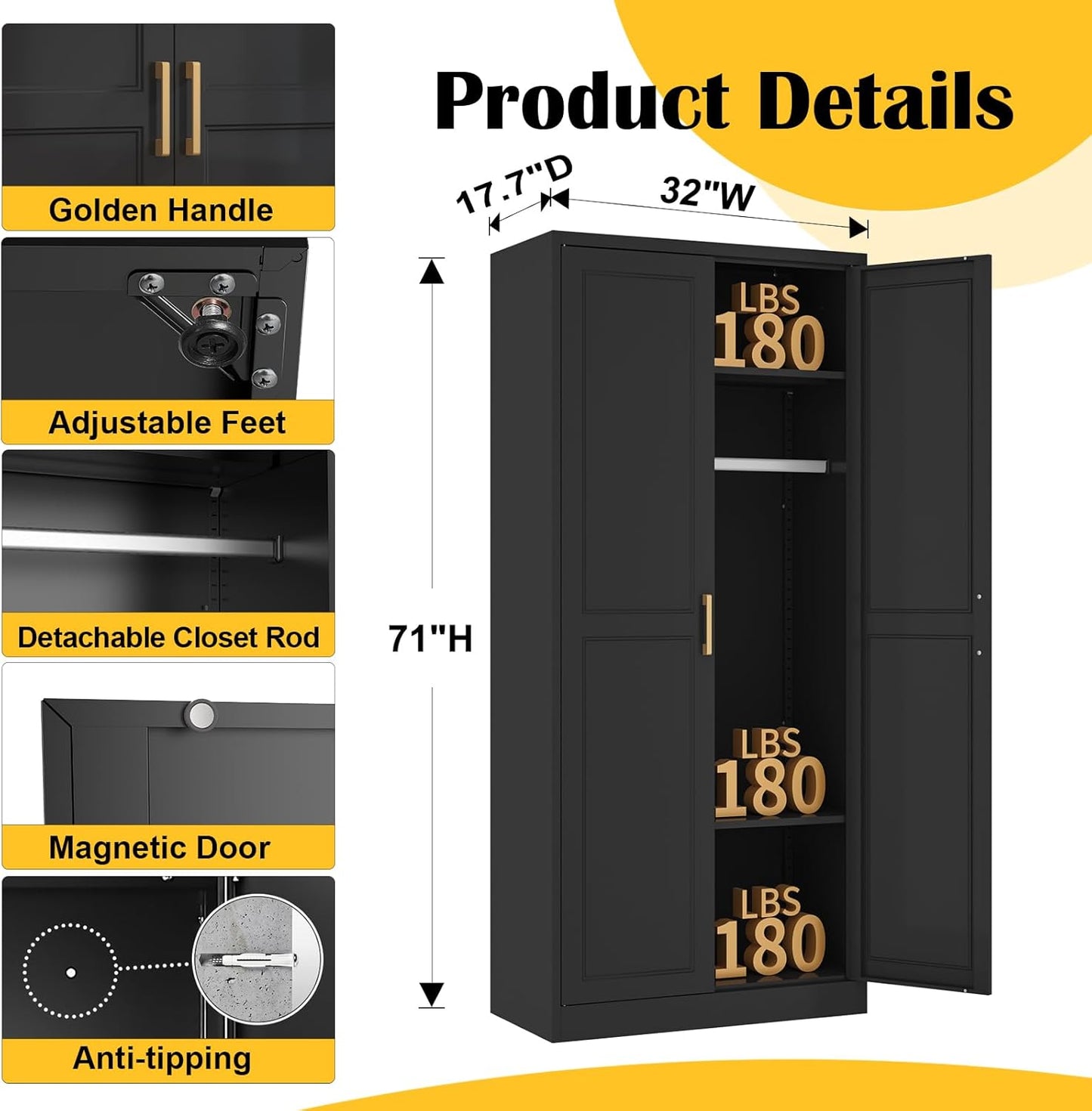 Metal Wardrobe Cabinet with Hanging Rod, 71" Tall Armoire Wardrobe Closet with 2 Doors and Adjustable Shelves, Black Clothing Storage Cabinets for Bedroom, Laundry Room, Cloak Room