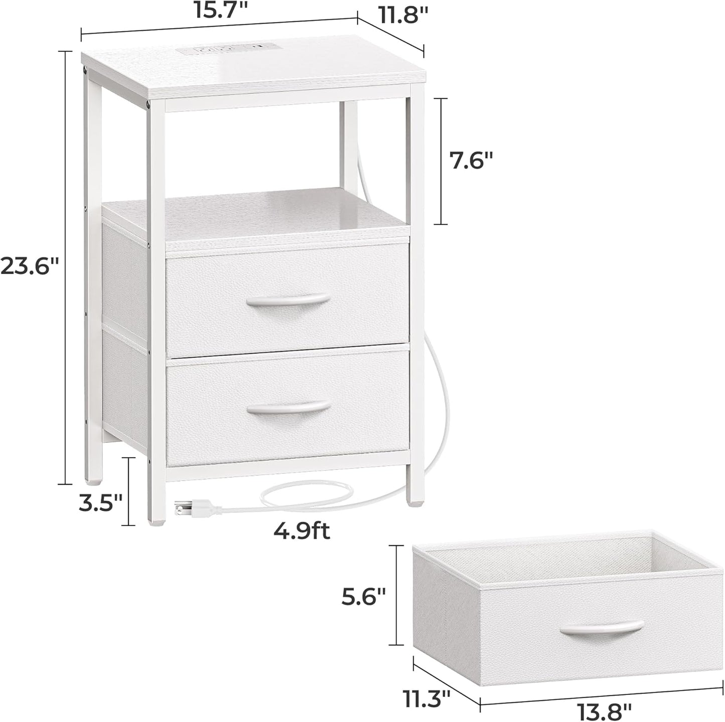 Huuger Nightstand with Charging Station, Side Table with Fabric Drawers, End Table with Open Shelf, Bedside Table with USB Ports and Outlets, Night Stand for Bedroom, White