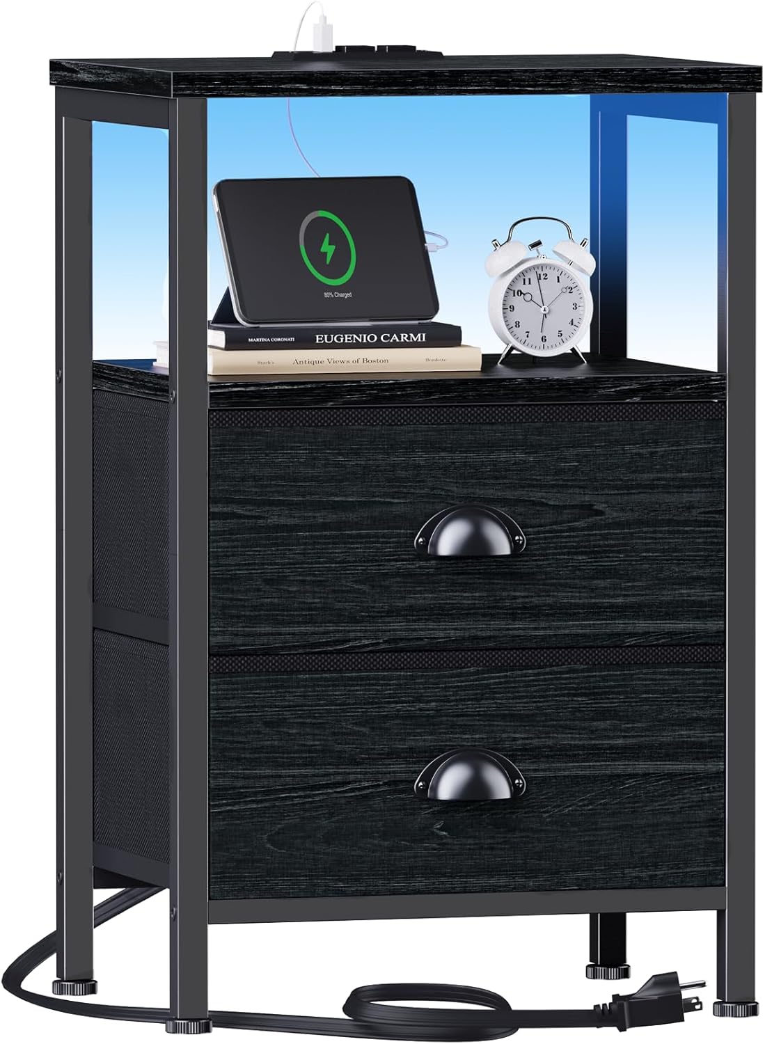 Furologee Nightstands Set of 2, End Tables with Charging Station and LED Lights, Black Night Stands with 2 Fabric Drawers, Bedside Tables Set of 2 for Living Room/Bedroom,Black Oak