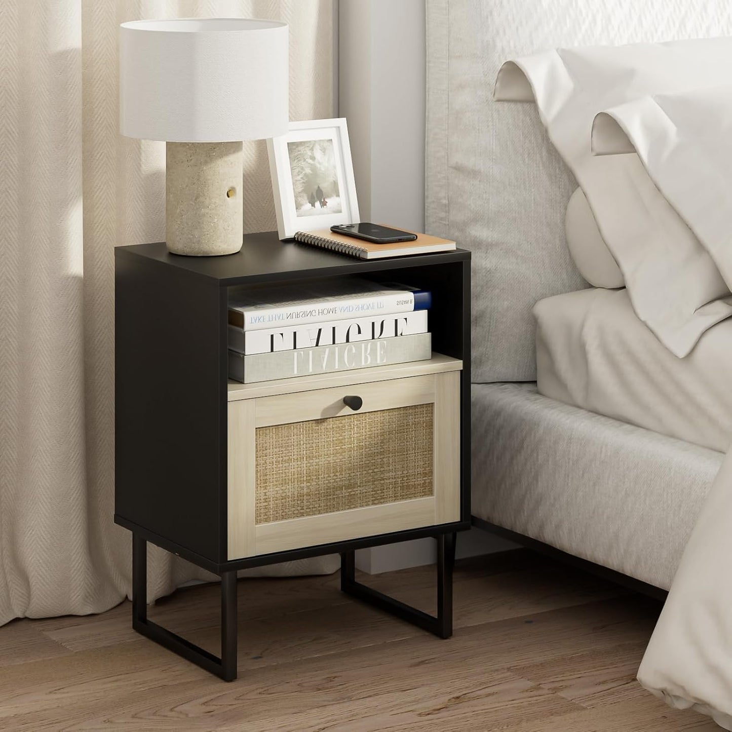 Masupu Rattan Nightstand,Modern Boho Farmhouse Wood Bedside Table with Storage Drawer and Open Shelf,Small Gold Frame Side End Table for Bedroom,Living Room,Office(White)