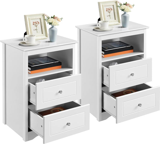 Yaheetech Bedside Table Set of 2, Tall Nightstand with 2 Drawer and Cubby, Wooden Bedside Table for Bedroom Small Space, Tall Bedside Cabinet Telephone Table, 16″ D × 19″ W × 29″ H, White
