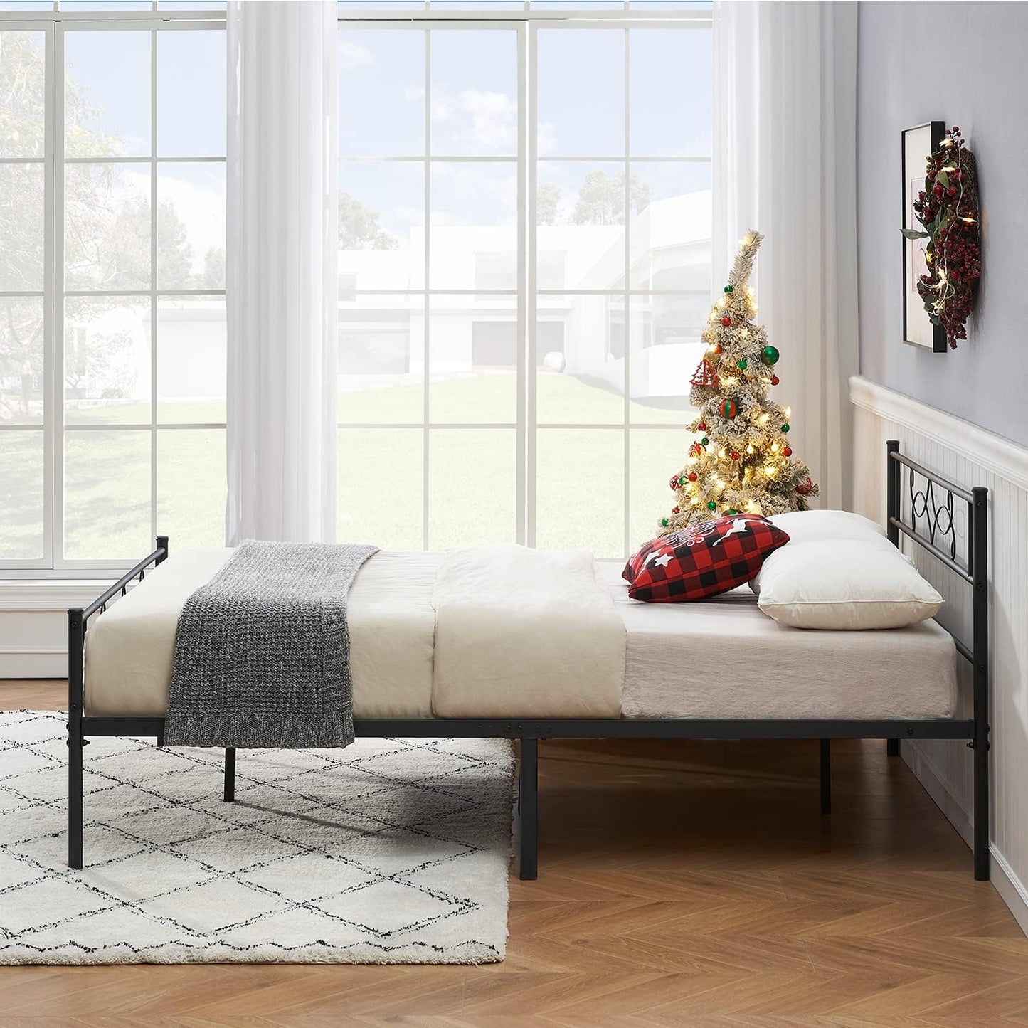 VECELO Queen Size Metal Platform Bed Frame with Headboard/Premium Steel Slat Support/No Box Spring Needed/Noise-Free Anti-Slip/Easy Assembly