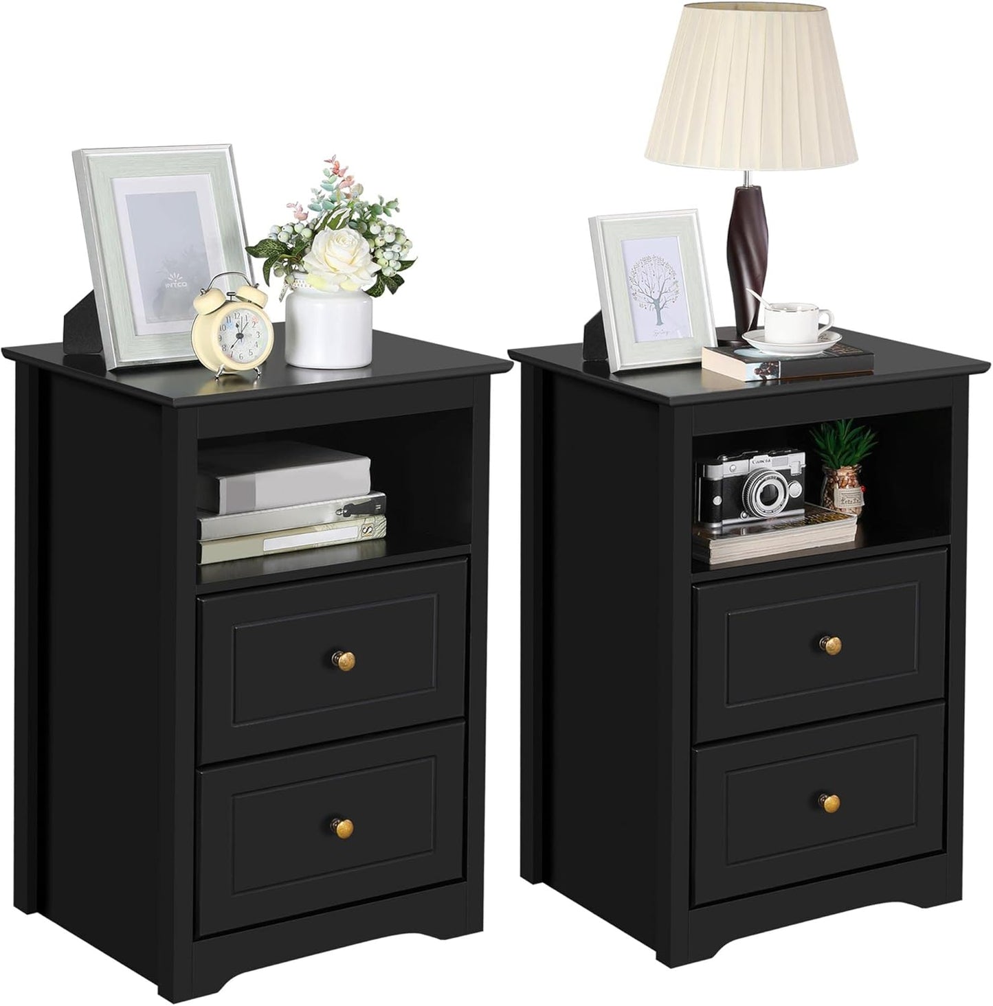 Yaheetech Bedside Table Set of 2, Tall Nightstand with 2 Drawer and Cubby, Wooden Bedside Table for Bedroom Small Space, Tall Bedside Cabinet Telephone Table, 16″ D × 19″ W × 29″ H, White