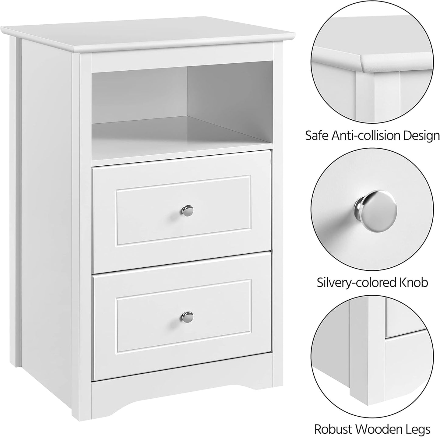 Yaheetech Bedside Table Set of 2, Tall Nightstand with 2 Drawer and Cubby, Wooden Bedside Table for Bedroom Small Space, Tall Bedside Cabinet Telephone Table, 16″ D × 19″ W × 29″ H, White