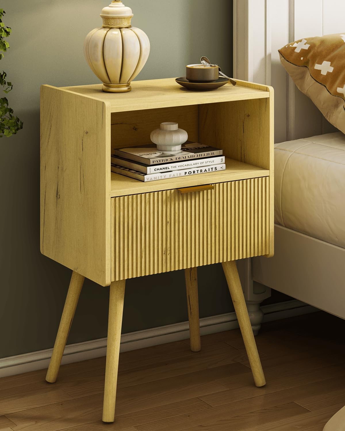 Nightstand,Modern Bedside Table with Storage Drawer and Open Wood Shelf, for Living Room, Bedroom and Small Spaces, Accent Night Stand with Solid Wood Legs, Easy Assembly,Walnut Brown