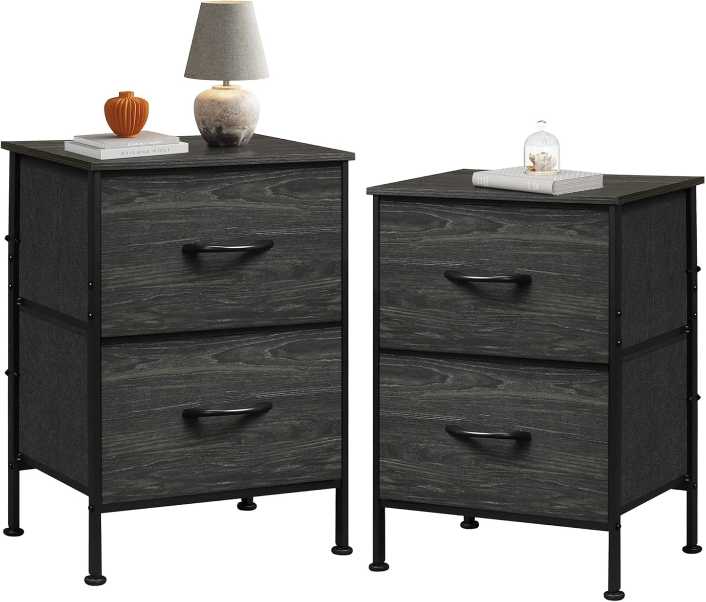 WLIVE Night Stand, Small 2 Drawer Dresser, Nightstand with Fabric Bins for Bedroom, Closet, Dorm, Rustic Brown Wood Grain Print, 11.8" D x 15.7" W x 20.9" H
