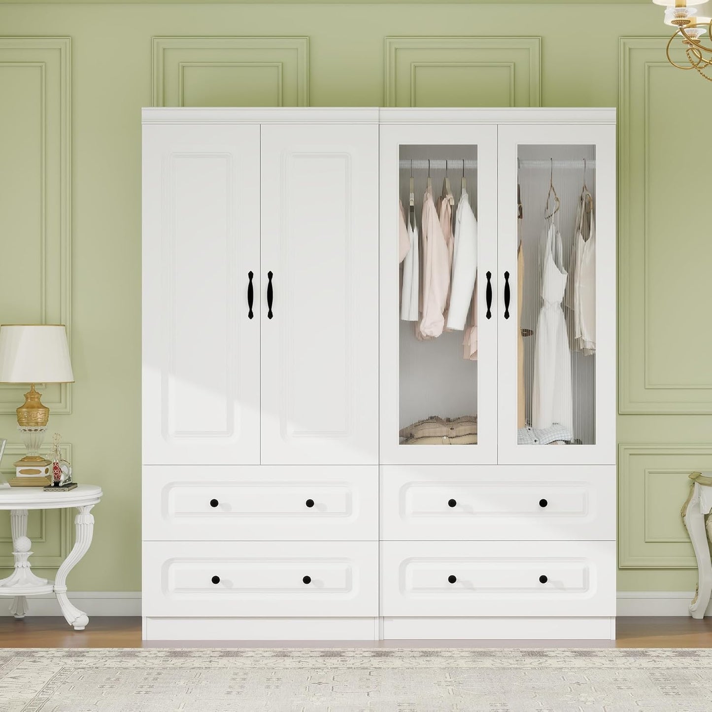 Wooden Armoire Wardrobe Closet：Large Wardrobe Closet with 4 Doors, 3 Drawers for Tall Cabinet, Wardrobe Cabinet for Bedroom with Hanging Rods, Golden Handle, White