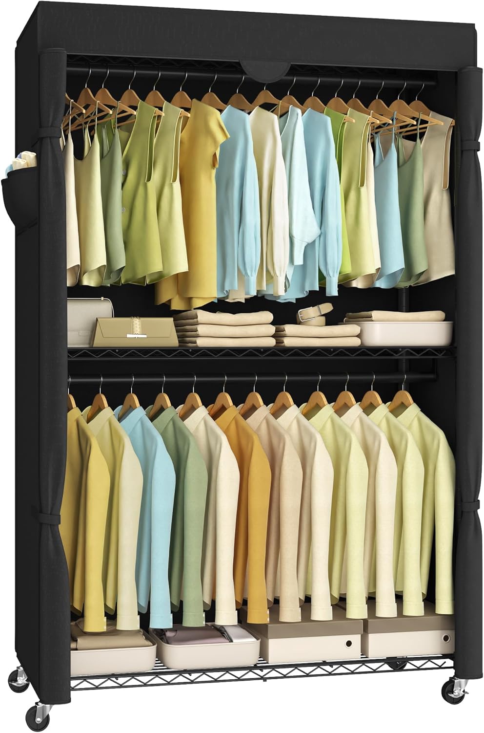 SONGMICS Heavy-Duty Rolling Clothes Rack, Garment Rack, Portable Closet, 43.3-Inch Wide Clothing Rack on Wheels, with Adjustable Mesh Shelves and Hanging Rails, Hooks, Ink Black ULGR414B01