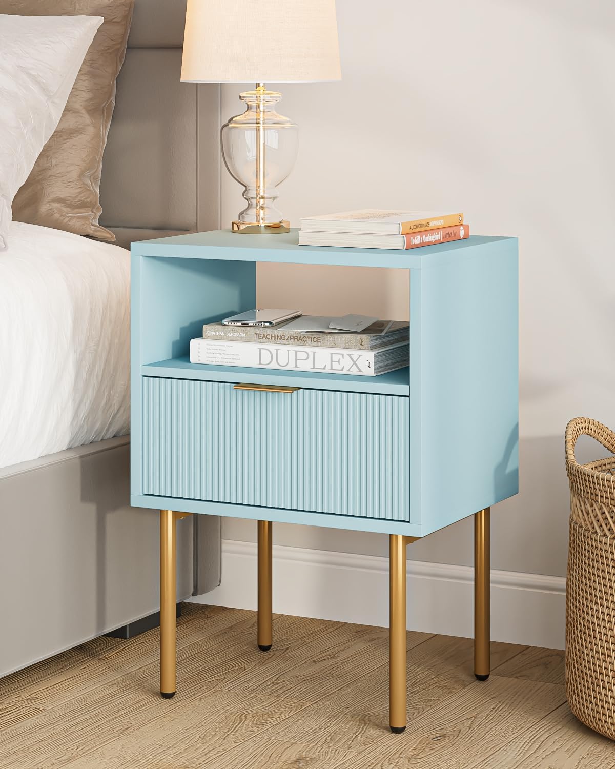 Masupu Nightstand,Mid-Century Modern Bedside Table with Storage Drawer and Open Wood Shelf,Small Gold Frame Side Table for Bedroom,Living Room,White