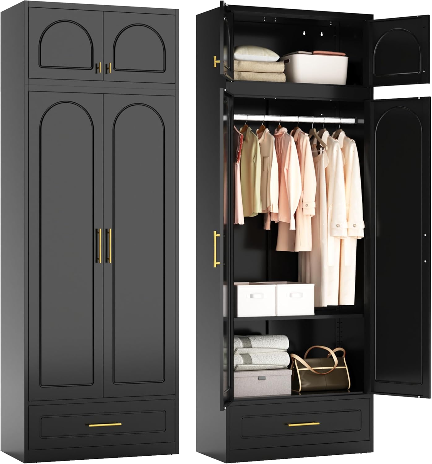 Metal Armoire Wardrobe Closet with Hanging Rod, 71" Tall Wardrobe Cabinet for Clothes, Black Clothing Storage Cabinet with Doors and Shelves, Large Wardrobes for Bedroom-Assemble Required