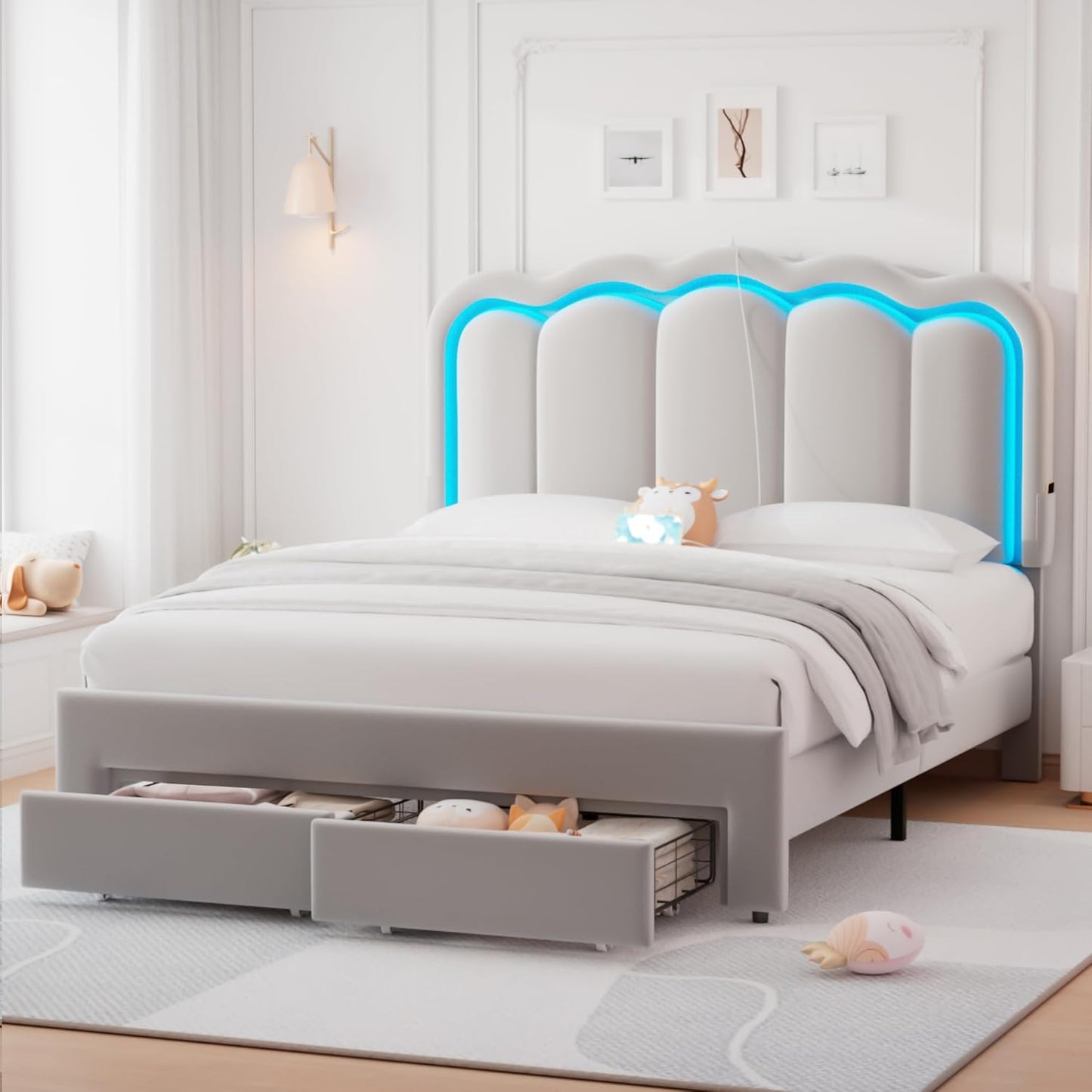 Full Upholstered LED Bed Frame with 2 Storage Drawers and Adjustable Chic Double Wavy Headboard, Velvet Princess Platform Bed with Charing Station, Solid Wood Slats Support,No Box Spring Needed,Beige