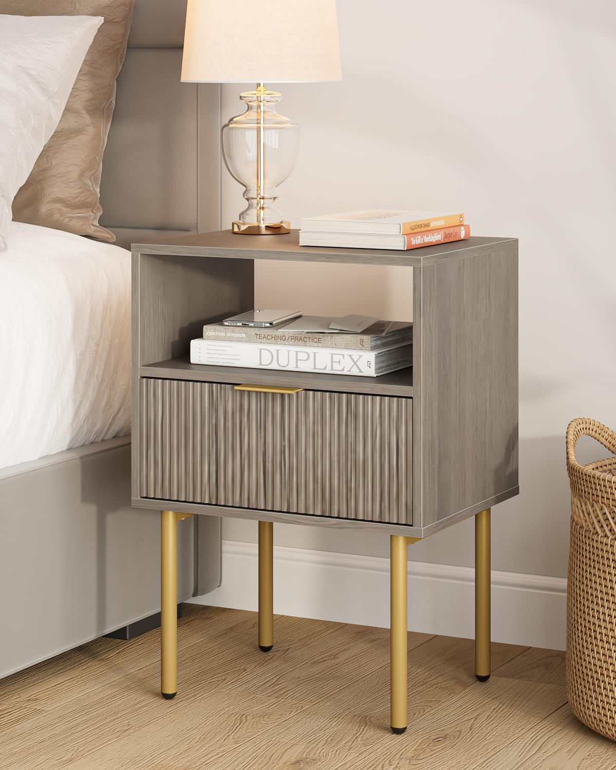 Masupu Nightstand,Mid-Century Modern Bedside Table with Storage Drawer and Open Wood Shelf,Small Gold Frame Side Table for Bedroom,Living Room,White