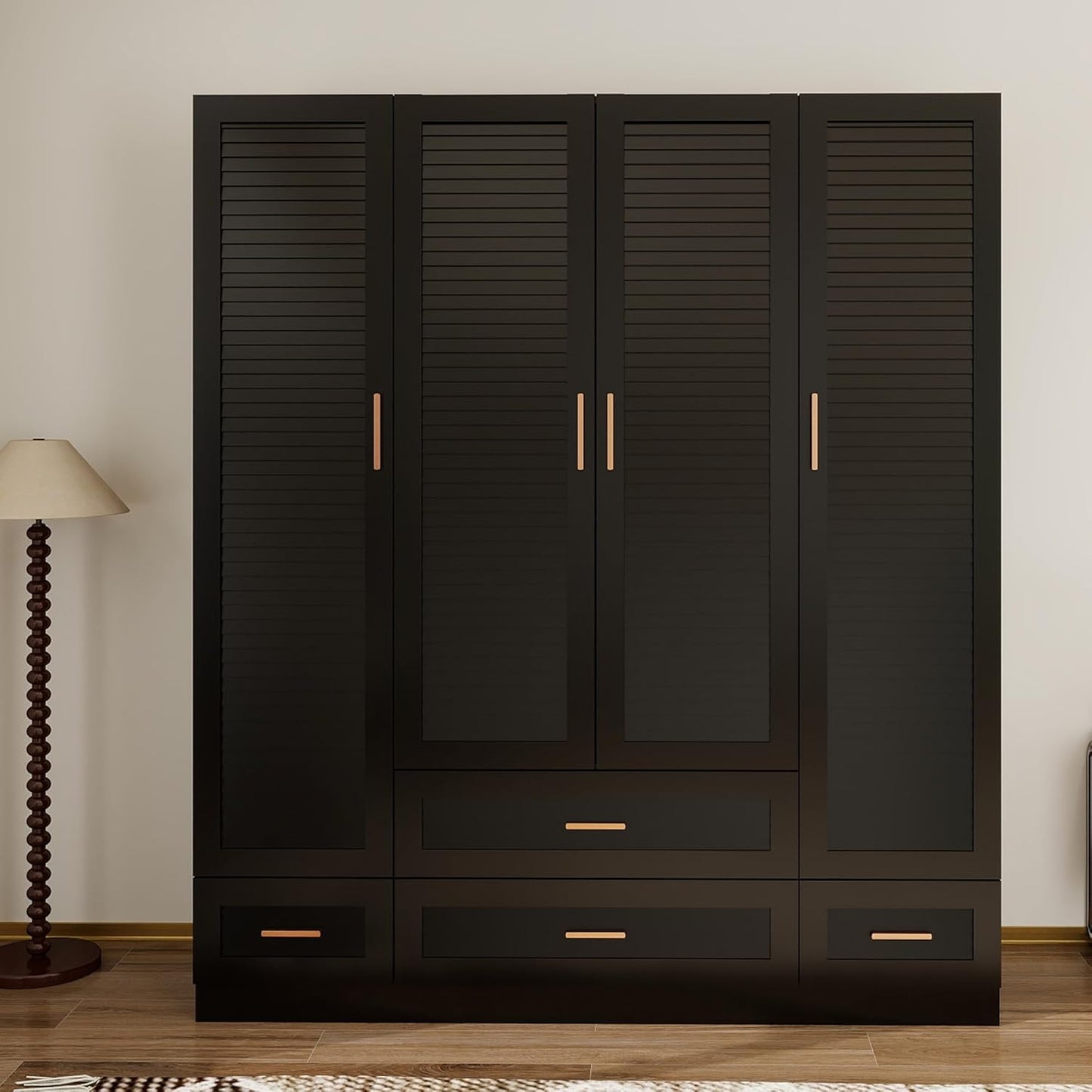 Wooden Armoire Wardrobe Closet：Large Wardrobe Closet with 4 Doors, 3 Drawers for Tall Cabinet, Wardrobe Cabinet for Bedroom with Hanging Rods, Golden Handle, White