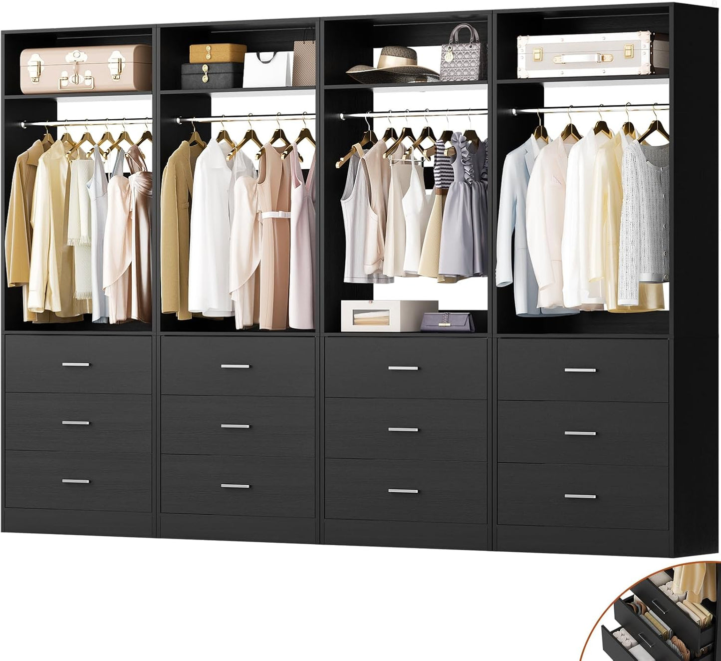 Closet System Set of 2, 4FT Closet Systems with 6 Wood Drawers, 48" Closet Organizer System with 2 Hanging Rods & 2 Shelves, Heavy Duty 48 Inch Walk-in Closet , White (48"L x 15" W x 80" H)