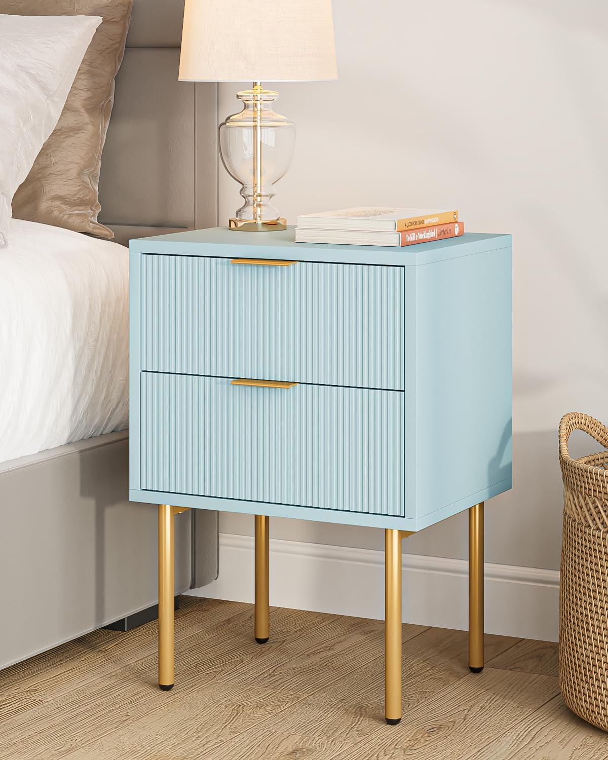 Masupu Nightstand,Mid-Century Modern Bedside Table with Storage Drawer and Open Wood Shelf,Small Gold Frame Side Table for Bedroom,Living Room,White