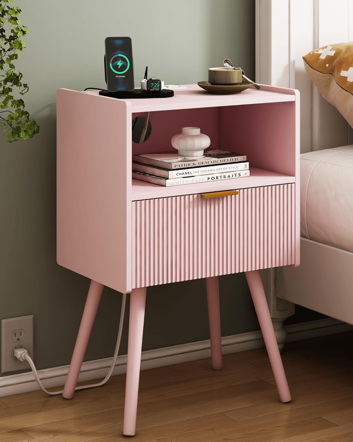 Nightstand,Modern Bedside Table with Storage Drawer and Open Wood Shelf, for Living Room, Bedroom and Small Spaces, Accent Night Stand with Solid Wood Legs, Easy Assembly,Walnut Brown