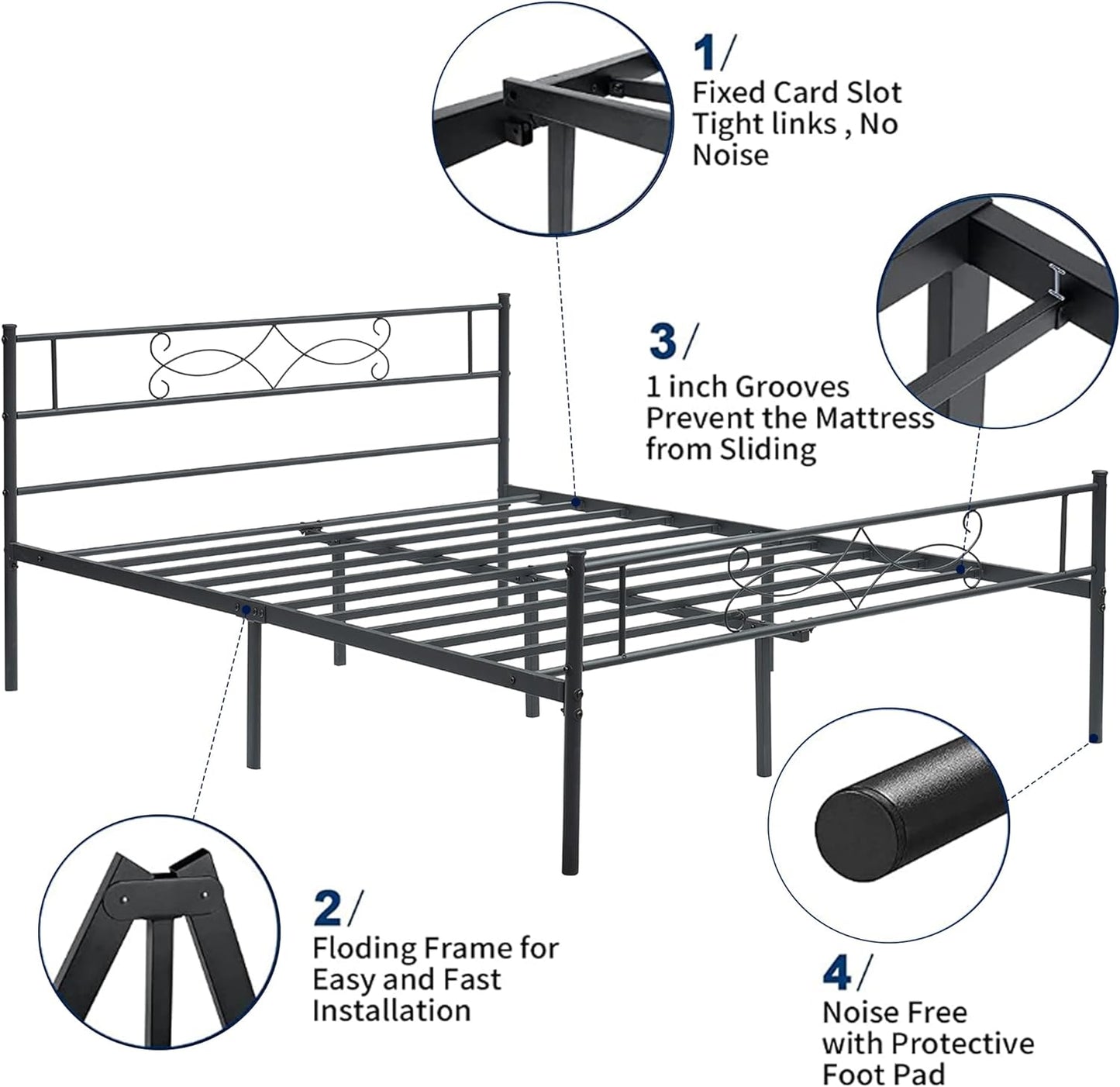 VECELO Queen Size Metal Platform Bed Frame with Headboard/Premium Steel Slat Support/No Box Spring Needed/Noise-Free Anti-Slip/Easy Assembly