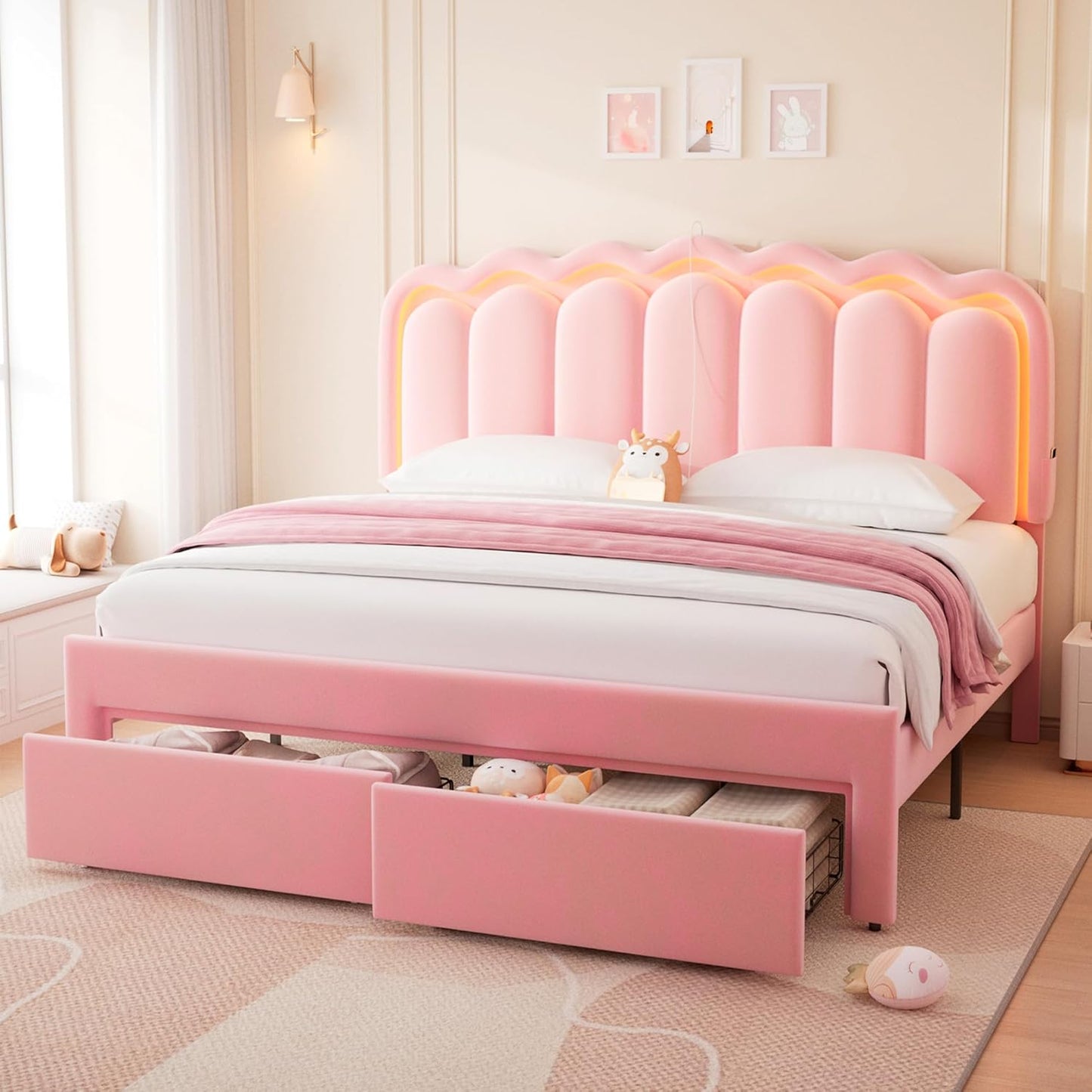 Full Upholstered LED Bed Frame with 2 Storage Drawers and Adjustable Chic Double Wavy Headboard, Velvet Princess Platform Bed with Charing Station, Solid Wood Slats Support,No Box Spring Needed,Beige