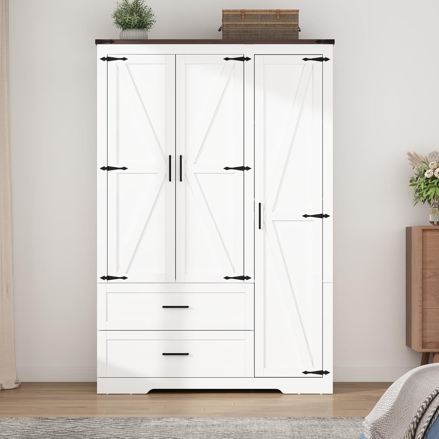 3 Doors Wardrobe Armoire Closet with Doors and Drawers, Farmhouse Wooden Armoire Storage Cabinet with Shelves & Hanging Rod for Bedroom, White