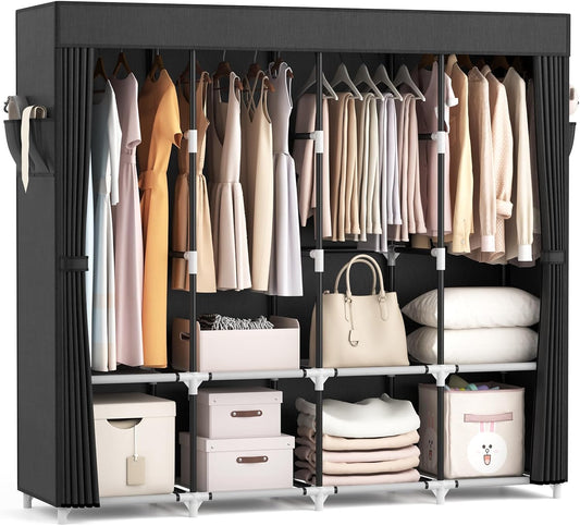 VTRIN Portable Closet for Hanging Clothes 67 Inch Wide Large Capacity Portable Wardrobe Closet with Cover, 4 Storage Shelves and 4 Hanging Rod Sturdy Free Standing Closet for Bedroom, Black