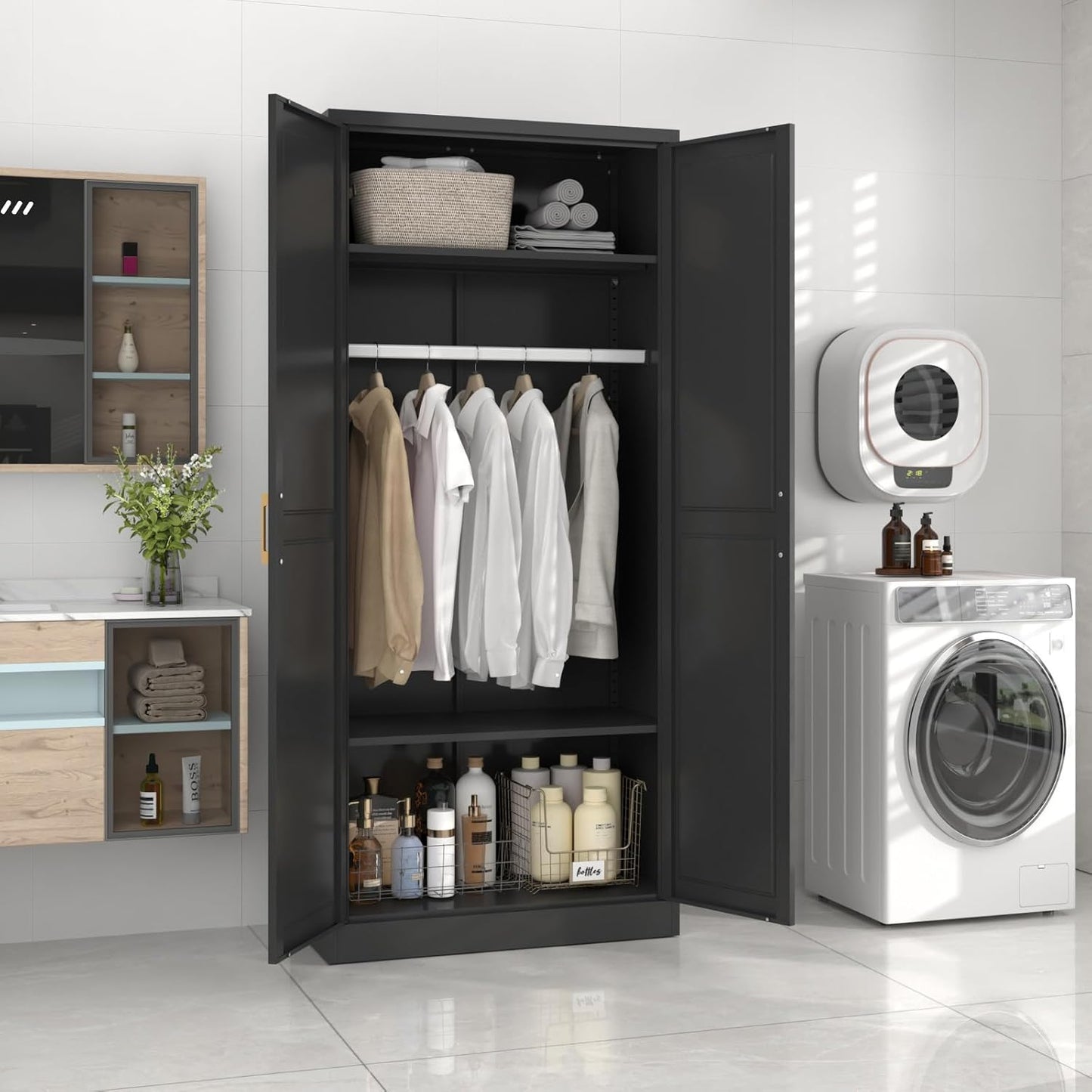 Metal Wardrobe Cabinet with Hanging Rod, 71" Tall Armoire Wardrobe Closet with 2 Doors and Adjustable Shelves, Black Clothing Storage Cabinets for Bedroom, Laundry Room, Cloak Room