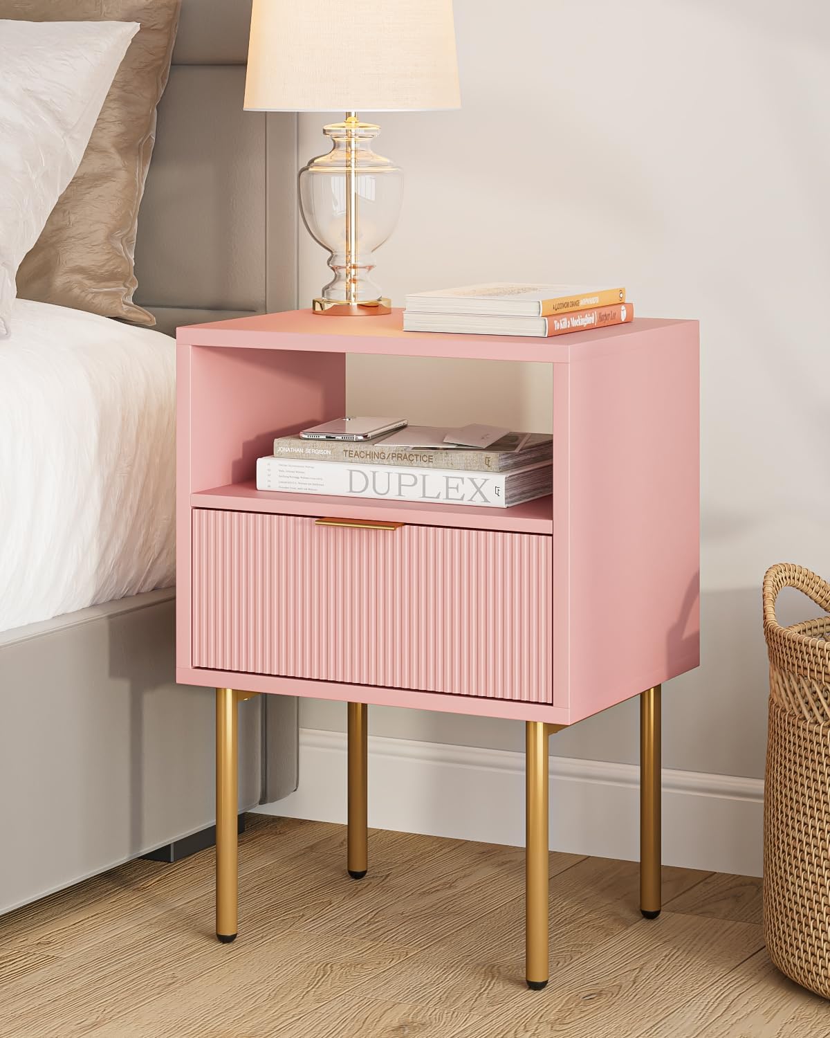 Masupu Nightstand,Mid-Century Modern Bedside Table with Storage Drawer and Open Wood Shelf,Small Gold Frame Side Table for Bedroom,Living Room,White