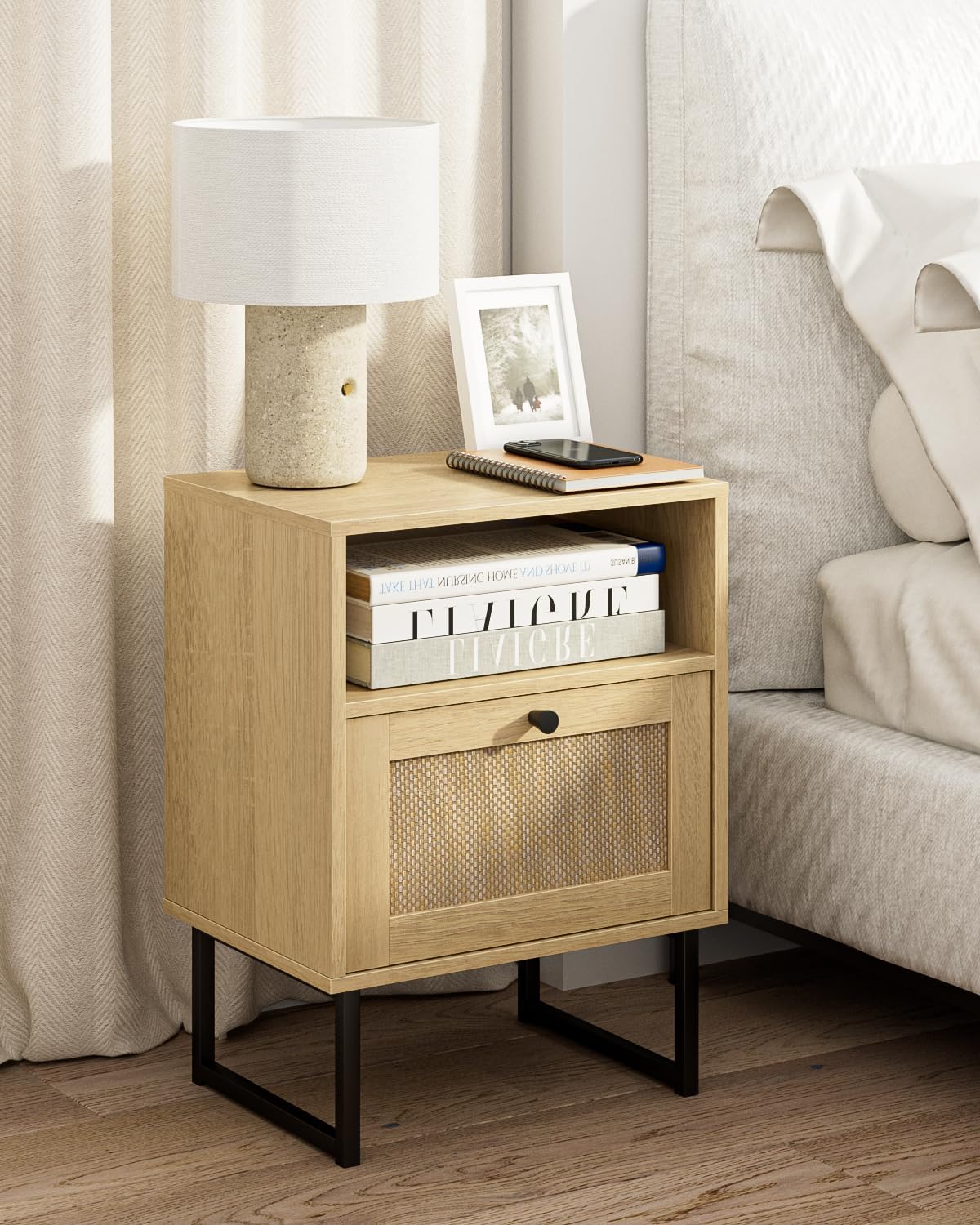 Masupu Rattan Nightstand,Modern Boho Farmhouse Wood Bedside Table with Storage Drawer and Open Shelf,Small Gold Frame Side End Table for Bedroom,Living Room,Office(White)