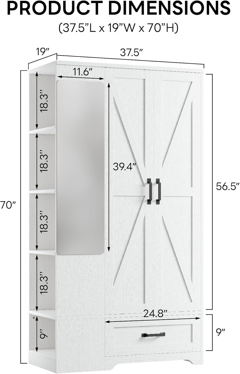 LIKIMIO Armoire Wardrobe Closet 70 Inches, Large Storage with Mirror, 2 Doors, Drawer, and Shelves, Modern Bedroom Freestanding Wooden Wardrobe Combination with Hanging Rail, White