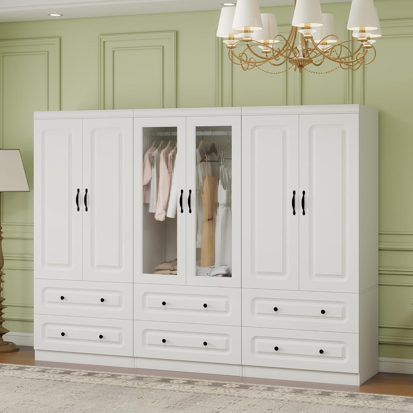 Wooden Armoire Wardrobe Closet：Large Wardrobe Closet with 4 Doors, 3 Drawers for Tall Cabinet, Wardrobe Cabinet for Bedroom with Hanging Rods, Golden Handle, White