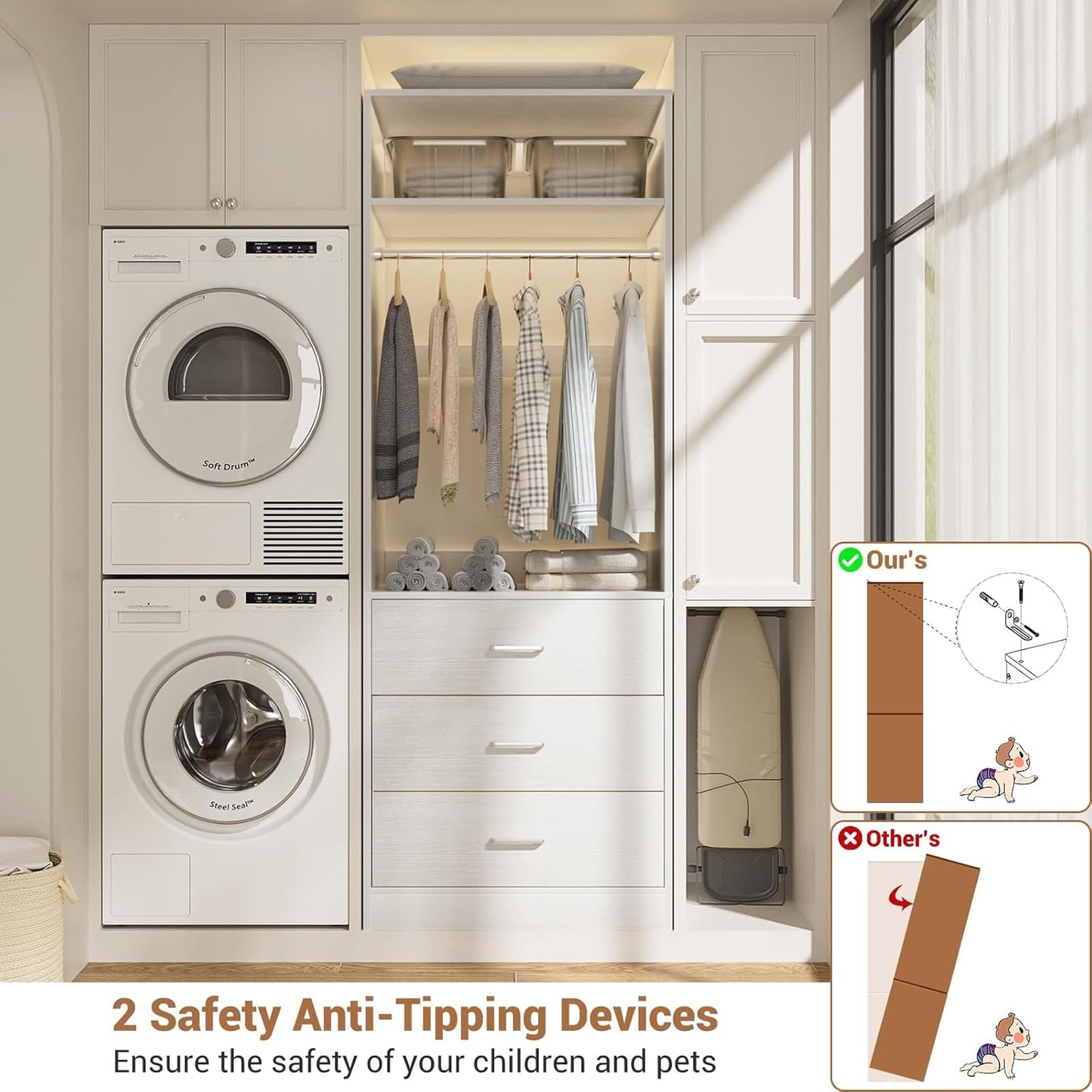 Closet System Set of 2, 4FT Closet Systems with 6 Wood Drawers, 48" Closet Organizer System with 2 Hanging Rods & 2 Shelves, Heavy Duty 48 Inch Walk-in Closet , White (48"L x 15" W x 80" H)