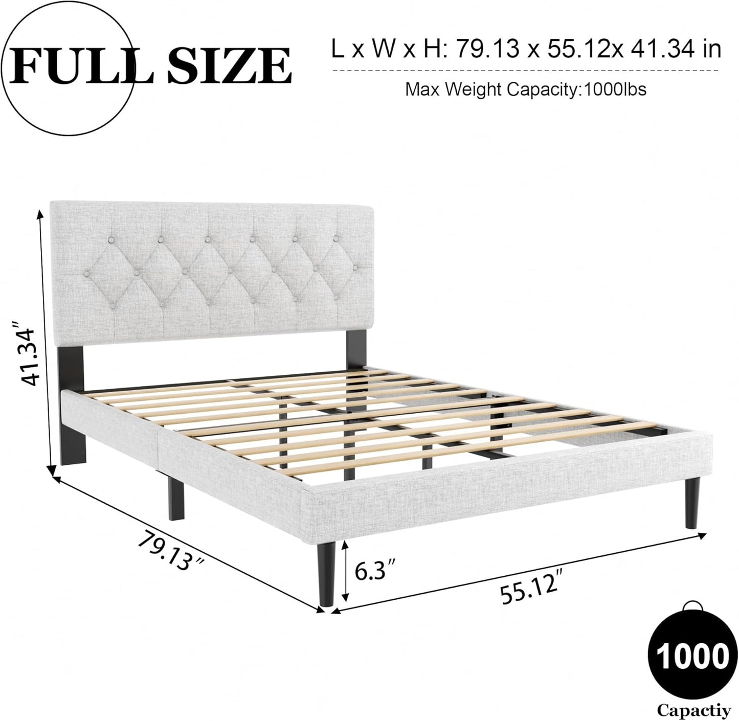 Full Size Platform Bed Frame with Upholstered Button Tufted Headboard, Mattress Foundation with Wooden Slat Support, Noise Free, No Box Spring Needed, Easy Assembly, Light Grey