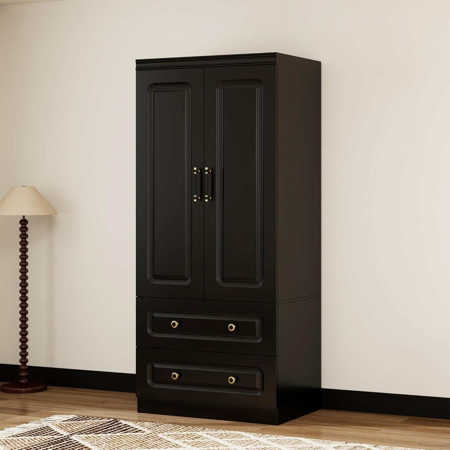 Wooden Armoire Wardrobe Closet：Large Wardrobe Closet with 4 Doors, 3 Drawers for Tall Cabinet, Wardrobe Cabinet for Bedroom with Hanging Rods, Golden Handle, White