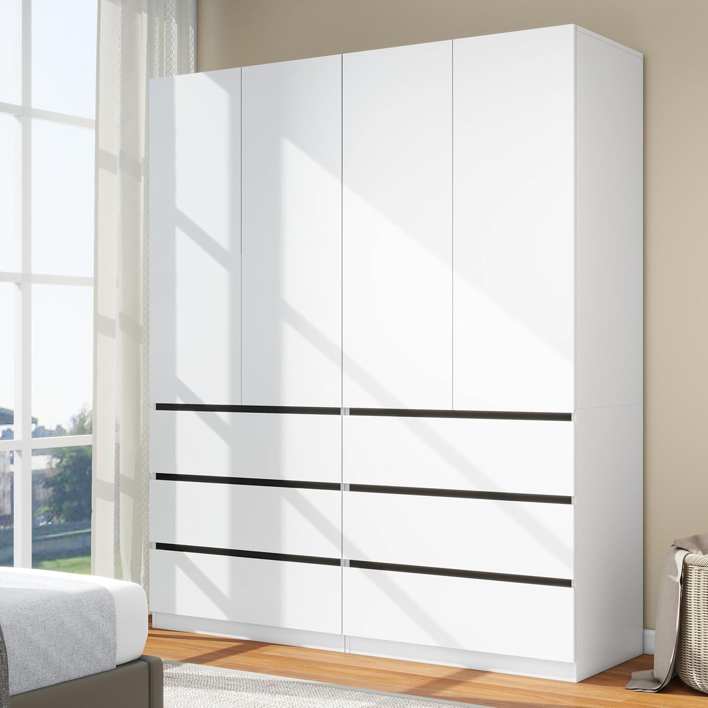 Wooden Wardrobe Closet with 2 Doors: 75" Bedroom Armoire Wardrobe Closet with 3 Drawers, White Cabinet with Hanging Shelves, Large Storage Cabinet (Modern, 1)