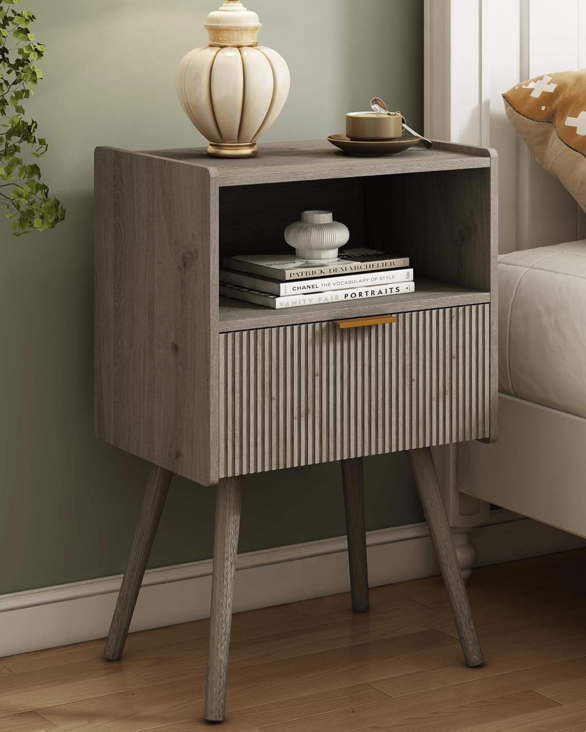 Nightstand,Modern Bedside Table with Storage Drawer and Open Wood Shelf, for Living Room, Bedroom and Small Spaces, Accent Night Stand with Solid Wood Legs, Easy Assembly,Walnut Brown
