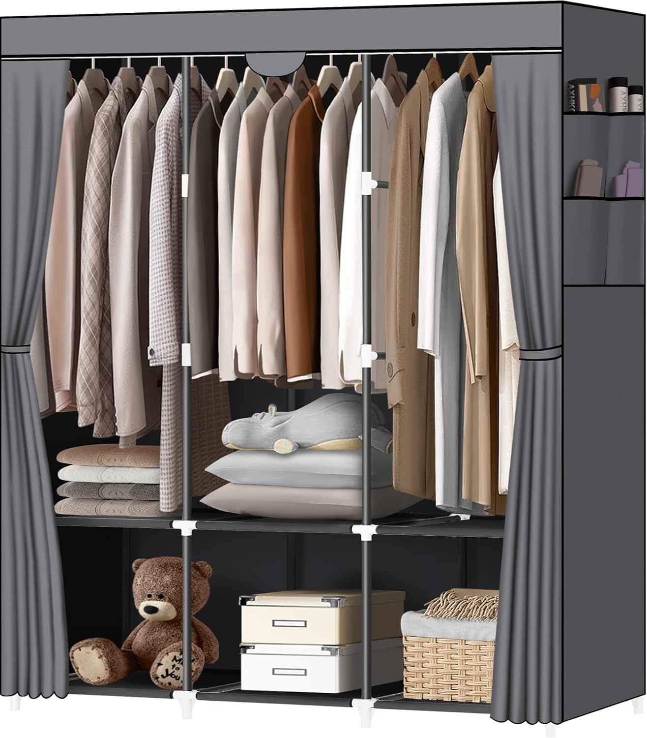 LOKEME Portable Closet, Portable Closets for Hanging Clothes with 3 Hanging Rods and 6 Storage Shelves and 4 Side Pockets, Black Wardrobe Closet Easy to Assemble and Strong and Stable