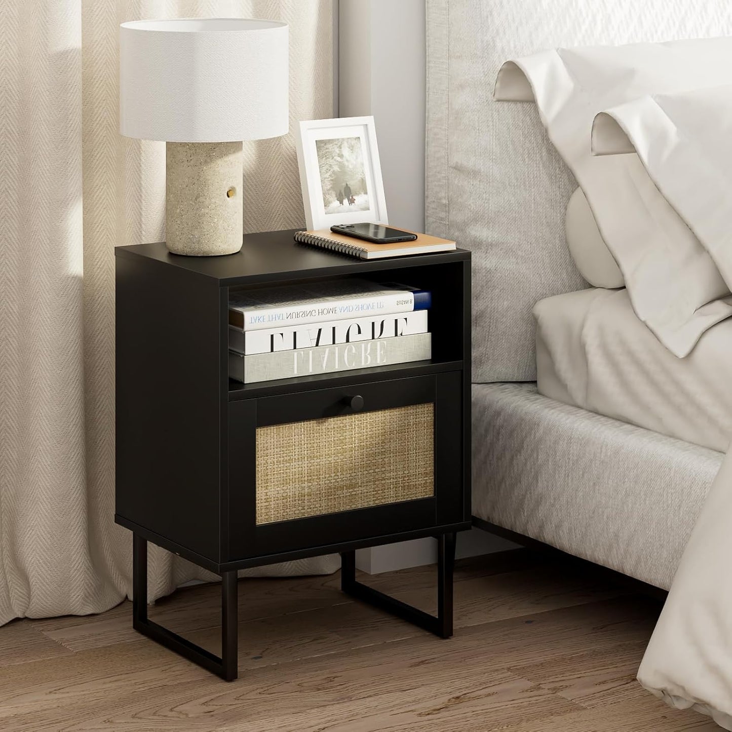 Masupu Rattan Nightstand,Modern Boho Farmhouse Wood Bedside Table with Storage Drawer and Open Shelf,Small Gold Frame Side End Table for Bedroom,Living Room,Office(White)