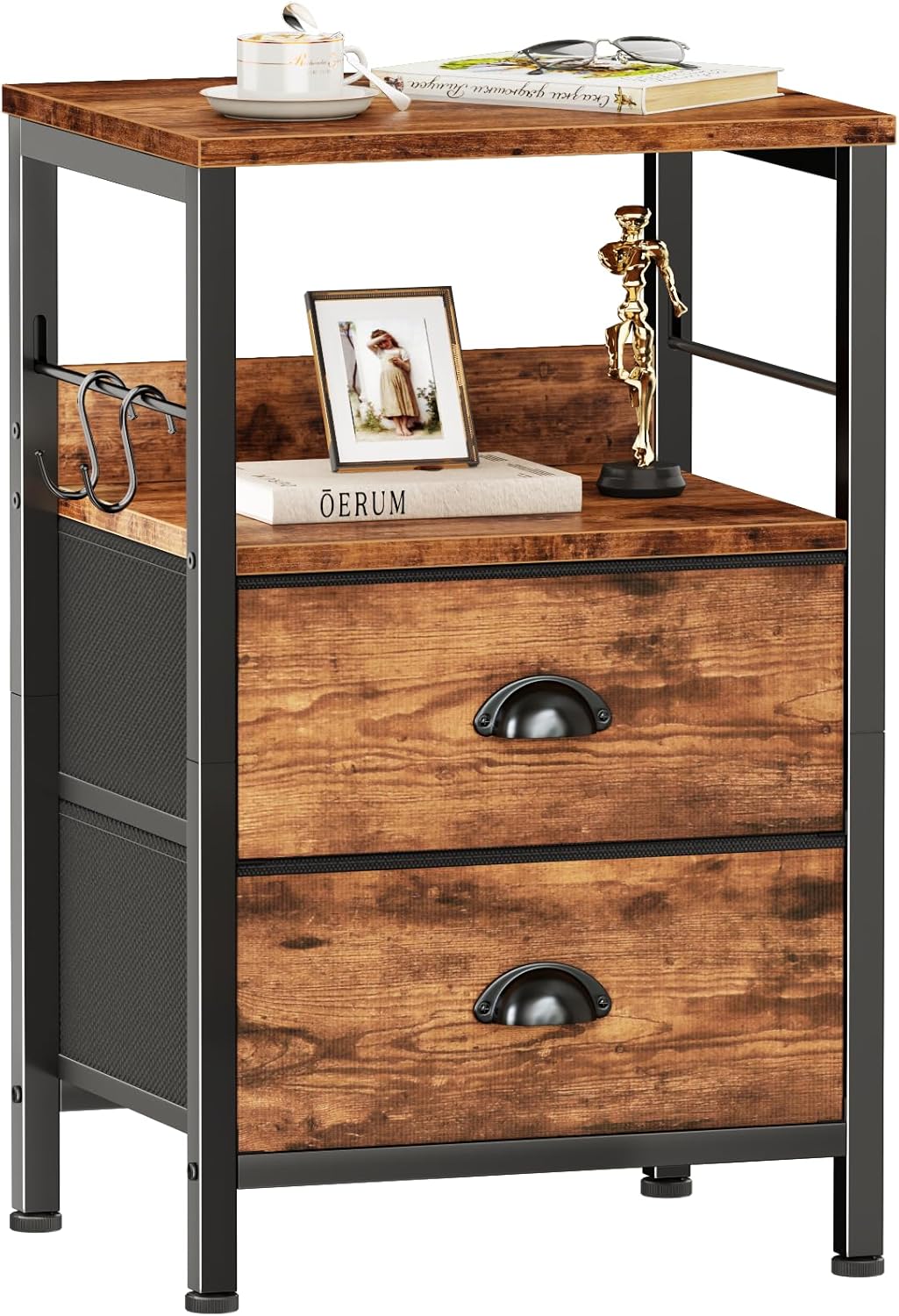 Furologee Nightstands Set 2, End Table with 2 Fabric Drawers, Bedside Table with 2 Hooks, Open Wood Shelf Side Sofa Table for Bedroom/Living Room/Hallway/White