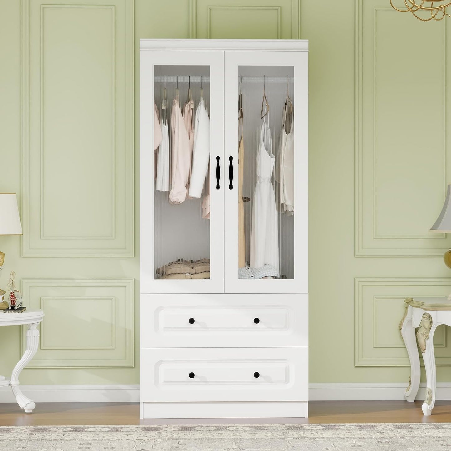 Wooden Armoire Wardrobe Closet：Large Wardrobe Closet with 4 Doors, 3 Drawers for Tall Cabinet, Wardrobe Cabinet for Bedroom with Hanging Rods, Golden Handle, White