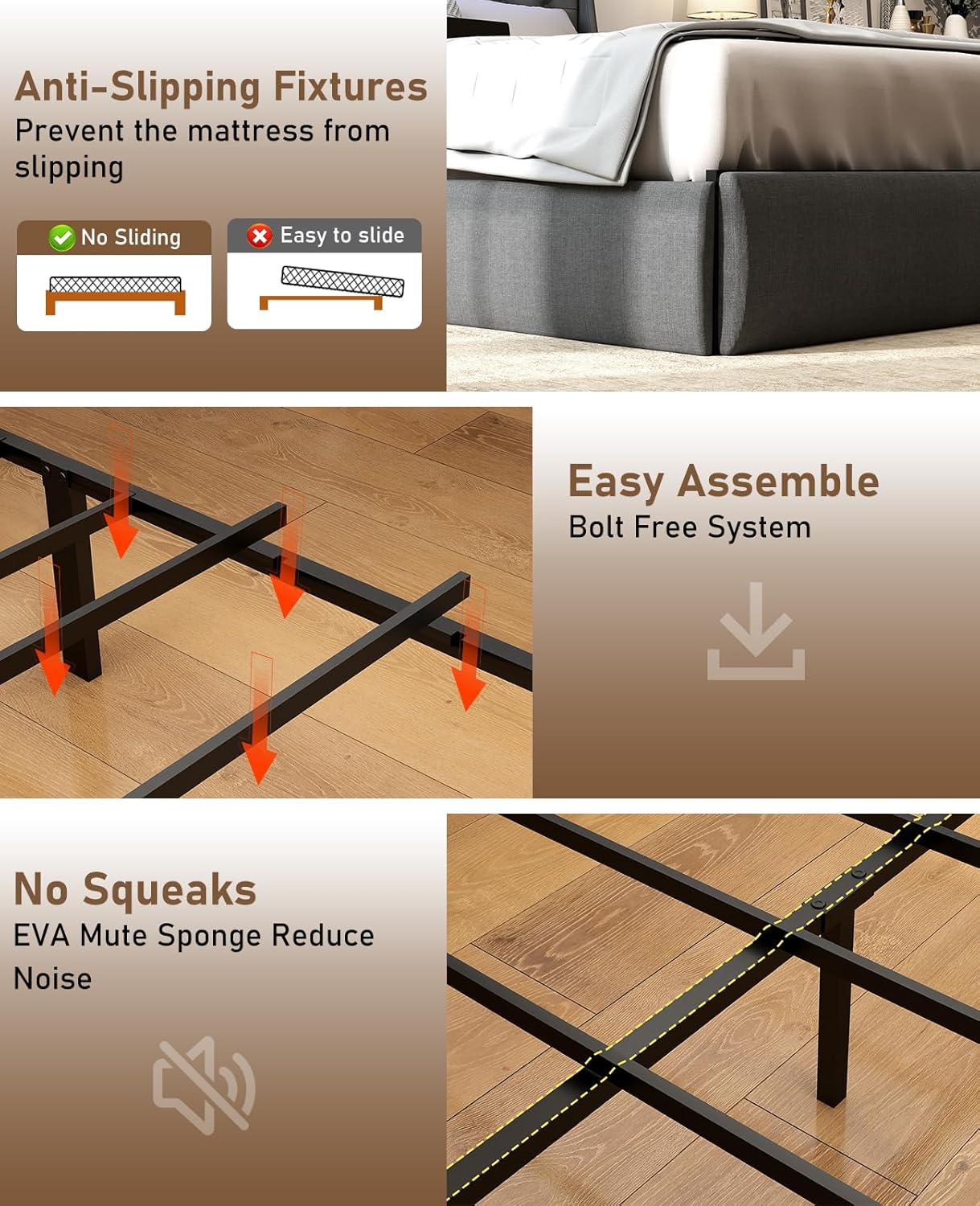 SADENICEL Queen Bed Frame with Storage Headboard and 2 Drawer, Metal Queen Size Bed Frame Platform with LED Light, Charging Station, No Box Spring Needed, Noise Free, Easy Assembly, Grey