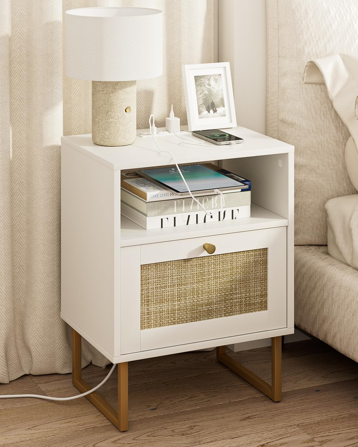 Masupu Rattan Nightstand,Modern Boho Farmhouse Wood Bedside Table with Storage Drawer and Open Shelf,Small Gold Frame Side End Table for Bedroom,Living Room,Office(White)