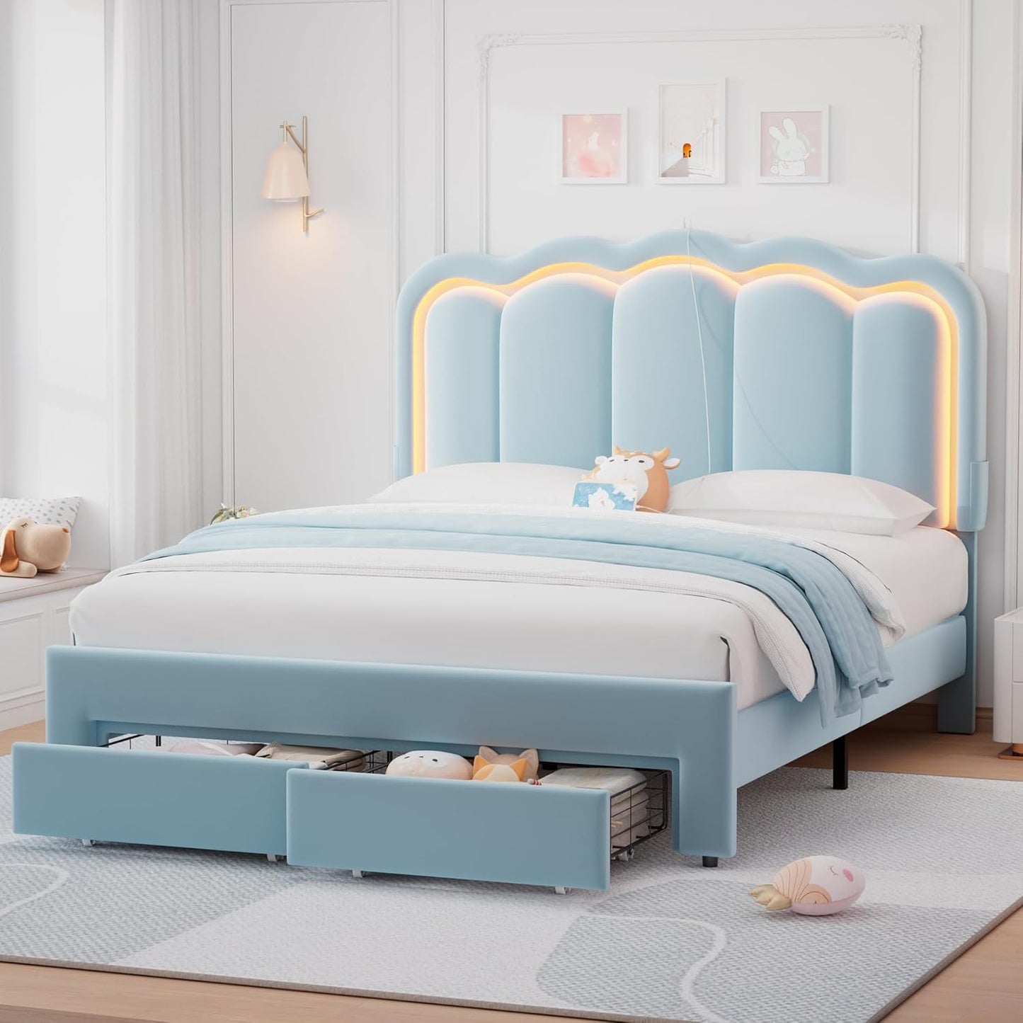 Full Upholstered LED Bed Frame with 2 Storage Drawers and Adjustable Chic Double Wavy Headboard, Velvet Princess Platform Bed with Charing Station, Solid Wood Slats Support,No Box Spring Needed,Beige