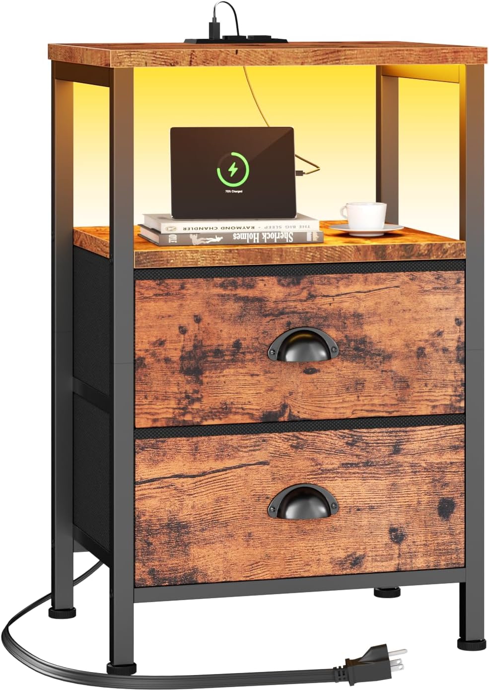 Furologee Nightstands Set of 2, End Tables with Charging Station and LED Lights, Black Night Stands with 2 Fabric Drawers, Bedside Tables Set of 2 for Living Room/Bedroom,Black Oak