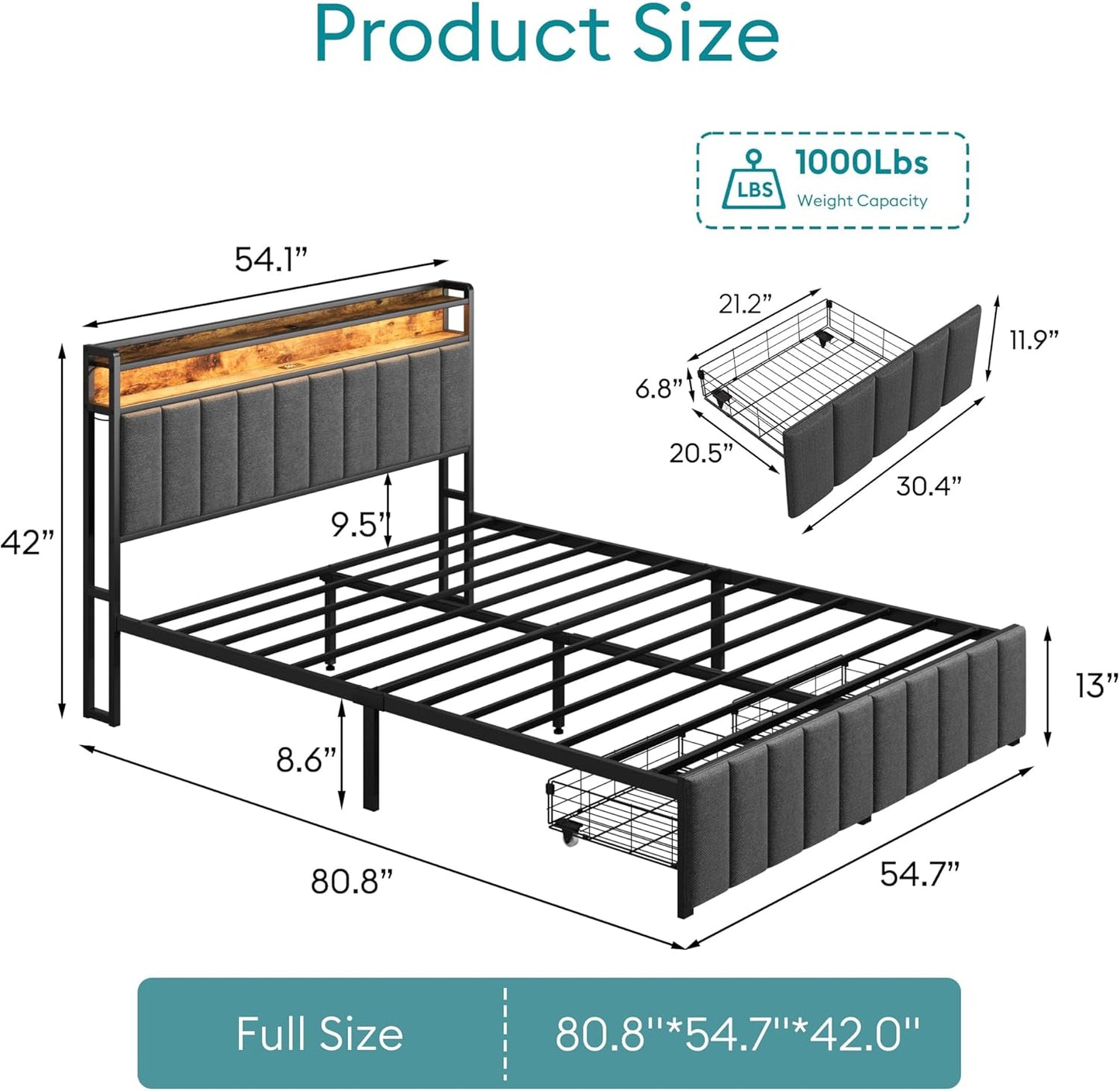 Full Bed Frame with Storage, Upholstered Bed Frame with LED Lights Headboard and 2 Drawers, Full Size Bed with Charging Station, Noise-Free, No Box Spring Needed, Easy Assembly, Grey