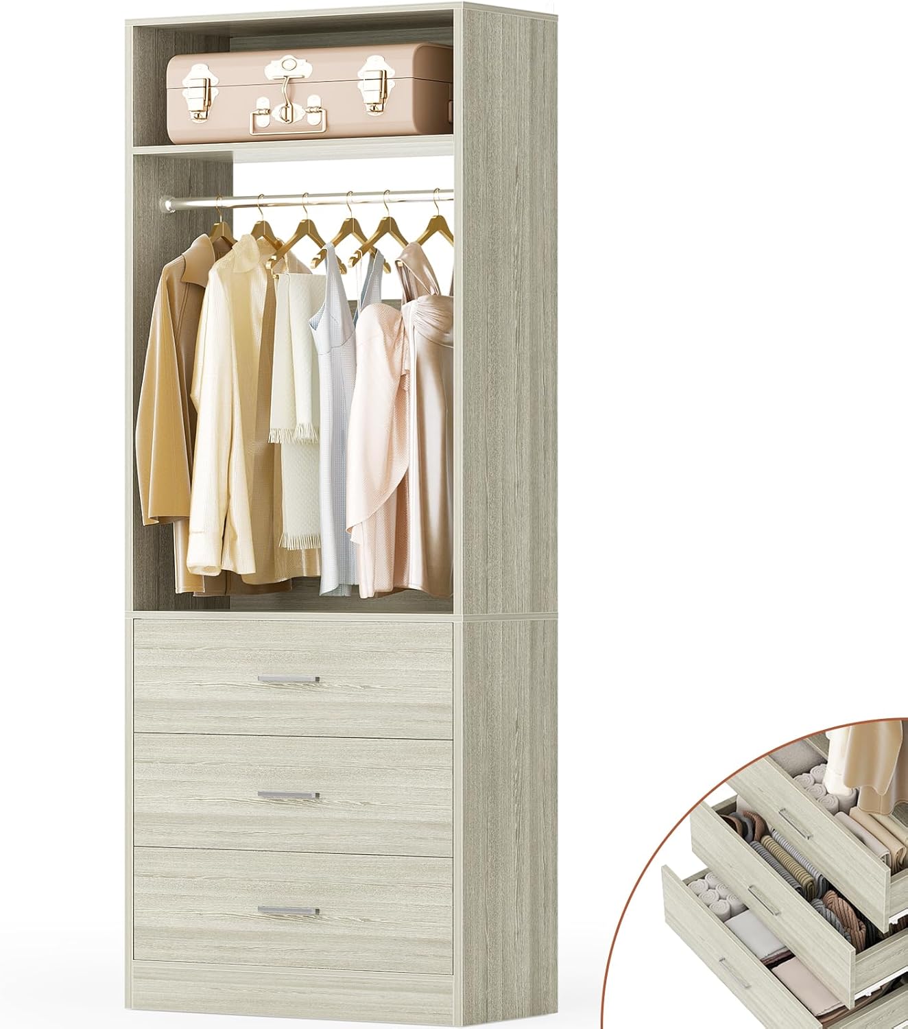 Closet System Set of 2, 4FT Closet Systems with 6 Wood Drawers, 48" Closet Organizer System with 2 Hanging Rods & 2 Shelves, Heavy Duty 48 Inch Walk-in Closet , White (48"L x 15" W x 80" H)