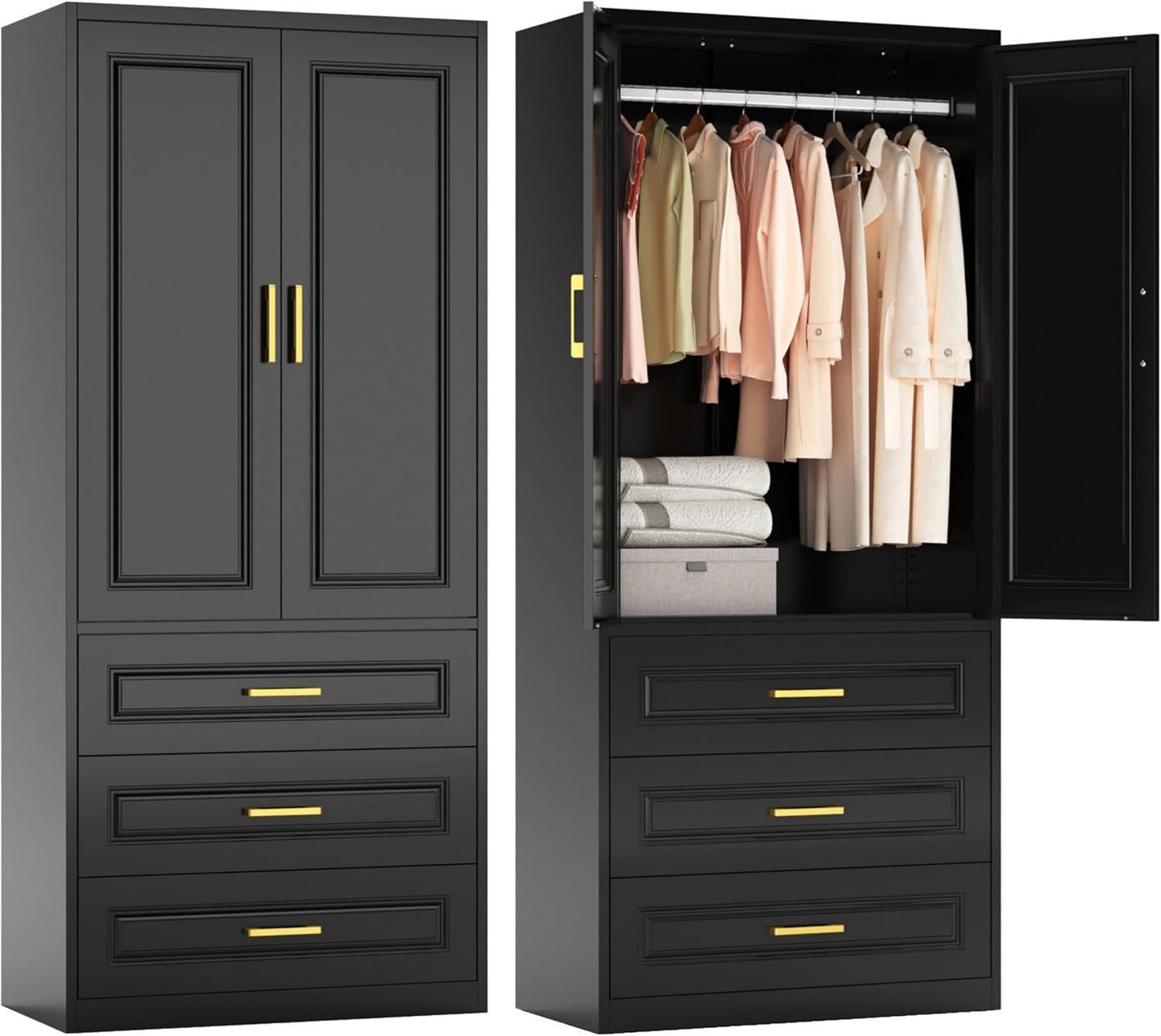 Metal Armoire Wardrobe Closet with Hanging Rod, 71" Tall Wardrobe Cabinet for Clothes, Black Clothing Storage Cabinet with Doors and Shelves, Large Wardrobes for Bedroom-Assemble Required